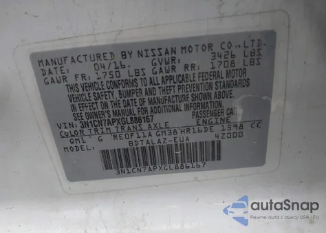 2016 Nissan Versa 1.6 S+ из США, поврежденный, VIN 3N1CN7APXGL886167